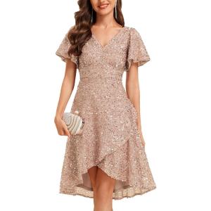 imageEverPretty Womens VNeck Short Sleeves Sequin HighLow Empire Waist Formal Wedding Guest Dresses 02401Champagne