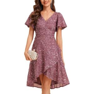 imageEverPretty Womens VNeck Short Sleeves Sequin HighLow Empire Waist Formal Wedding Guest Dresses 02401Orchid