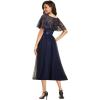 imageEverPretty Womens Round Neck Sequin Embroidery Short Sleeves Tulle Midi Wedding Guest Dress 00906Navy Blue