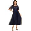 imageEverPretty Womens Round Neck Sequin Embroidery Short Sleeves Tulle Midi Wedding Guest Dress 00906Navy Blue
