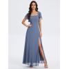 imageEverPretty Womens Square Neck Short Sleeves Split Chiffon Floor Length ALine Maxi Formal Dress 02409Dusty Blue