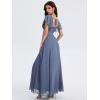 imageEverPretty Womens Square Neck Short Sleeves Split Chiffon Floor Length ALine Maxi Formal Dress 02409Dusty Blue