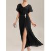 imageEverPretty Womens VNeck Pleated Short Sleeves Rhinestone Maxi Slit Mother of The Bride Dresses 02323Black