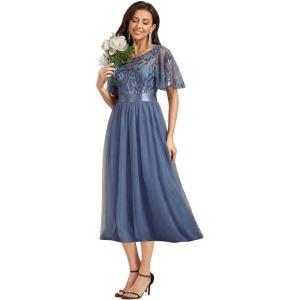 imageEverPretty Womens Round Neck Sequin Embroidery Short Sleeves Tulle Midi Wedding Guest Dress 00906Dusty Blue