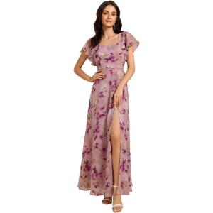 imageEverPretty Womens Square Neck Short Sleeves Split Chiffon Floor Length ALine Maxi Formal Dress 02409Light Purple Print