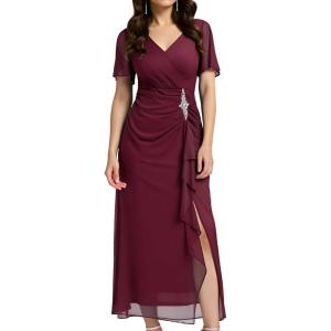 imageEverPretty Womens VNeck Pleated Short Sleeves Rhinestone Maxi Slit Mother of The Bride Dresses 02323Burgundy