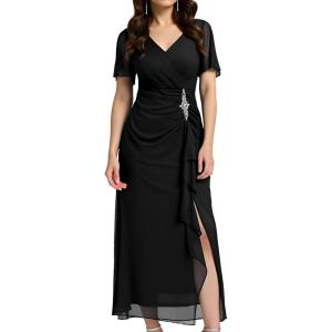 imageEverPretty Womens VNeck Pleated Short Sleeves Rhinestone Maxi Slit Mother of The Bride Dresses 02323Navy Blue