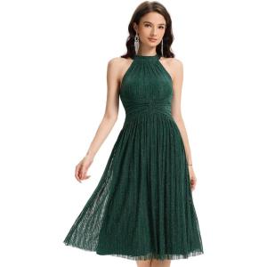 imageEverPretty Womens Wedding Guest Dress Glitter Halter Sleeveless Pleated Midi Formal Evening Gowns 41962Dark Green