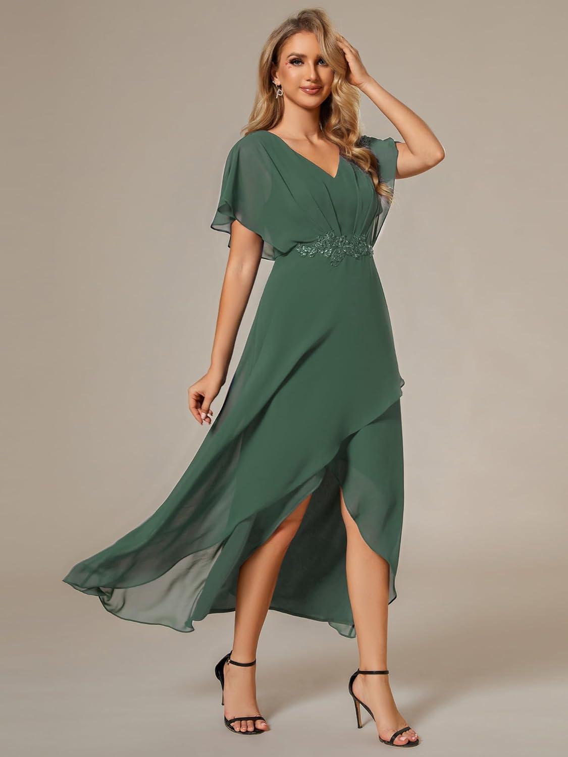 imageEverPretty Womens Formal Dress A Line V Neck Applique Waist Tea Length Wedding Guest Dress 02027Eucalyptus Green