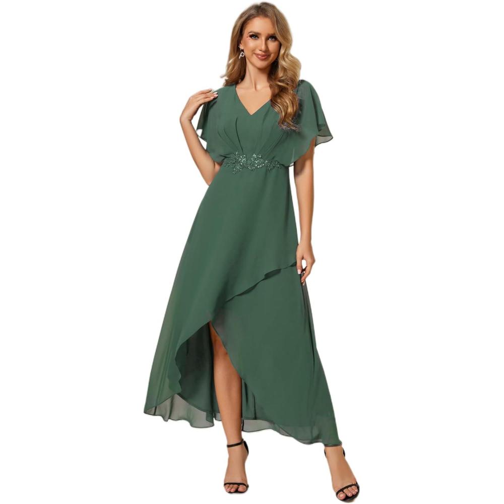 imageEverPretty Womens Formal Dress A Line V Neck Applique Waist Tea Length Wedding Guest Dress 02027Eucalyptus Green