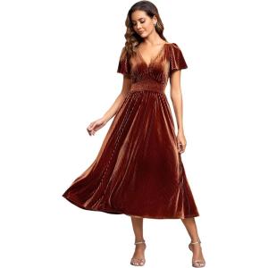 imageEverPretty Womens V Neck A Line Short Sleeves Elastic Waist MidiLength Velvet Wedding Guest Dress 01939Caramel