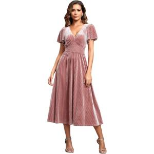 imageEverPretty Womens V Neck A Line Short Sleeves Elastic Waist MidiLength Velvet Wedding Guest Dress 01939Orchid