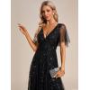 imageEverPretty Womens Sequin Sparkly VNeck Short Sleeve ALine Floor Length Evening Dress 00734Black
