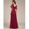 imageEverPretty Womens Sequin Sparkly VNeck Short Sleeve ALine Floor Length Evening Dress 00734Burgundy