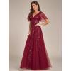 imageEverPretty Womens Sequin Sparkly VNeck Short Sleeve ALine Floor Length Evening Dress 00734Burgundy