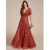 imageEverPretty Womens Sequin Sparkly VNeck Short Sleeve ALine Floor Length Evening Dress 00734Burnt Orange