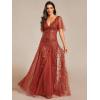 imageEverPretty Womens Sequin Sparkly VNeck Short Sleeve ALine Floor Length Evening Dress 00734Burnt Orange