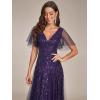 imageEverPretty Womens Sequin Sparkly VNeck Short Sleeve ALine Floor Length Evening Dress 00734Deep Purple