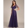 imageEverPretty Womens Sequin Sparkly VNeck Short Sleeve ALine Floor Length Evening Dress 00734Deep Purple