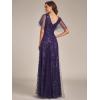 imageEverPretty Womens Sequin Sparkly VNeck Short Sleeve ALine Floor Length Evening Dress 00734Deep Purple