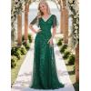 imageEverPretty Womens Sequin Sparkly VNeck Short Sleeve ALine Floor Length Evening Dress 00734Green
