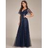 imageEverPretty Womens Sequin Sparkly VNeck Short Sleeve ALine Floor Length Evening Dress 00734Navy Blue