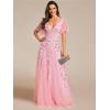imageEverPretty Womens Sequin Sparkly VNeck Short Sleeve ALine Floor Length Evening Dress 00734Pink