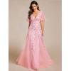 imageEverPretty Womens Sequin Sparkly VNeck Short Sleeve ALine Floor Length Evening Dress 00734Pink