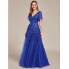 imageEverPretty Womens Sequin Sparkly VNeck Short Sleeve ALine Floor Length Evening Dress 00734Sapphire Blue