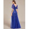 imageEverPretty Womens Sequin Sparkly VNeck Short Sleeve ALine Floor Length Evening Dress 00734Sapphire Blue