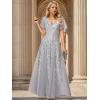 imageEverPretty Womens Sequin Sparkly VNeck Short Sleeve ALine Floor Length Evening Dress 00734Silver