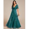 imageEverPretty Womens Sequin Sparkly VNeck Short Sleeve ALine Floor Length Evening Dress 00734Teal
