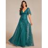 imageEverPretty Womens Sequin Sparkly VNeck Short Sleeve ALine Floor Length Evening Dress 00734Teal