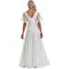 imageEverPretty Womens Sequin Sparkly VNeck Short Sleeve ALine Floor Length Evening Dress 00734White
