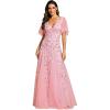 imageEverPretty Womens Sequin Sparkly VNeck Short Sleeve ALine Floor Length Evening Dress 00734Pink