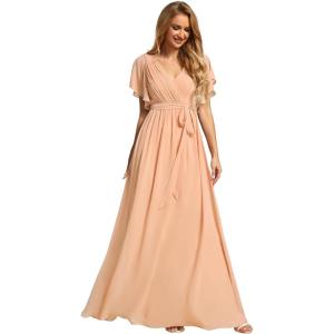 imageEverPretty Womens Bridesmaid Dress VNeck Ruffle Sleeves Ruched Bust Floor Length Chiffon Formal Dresses 0164APeach