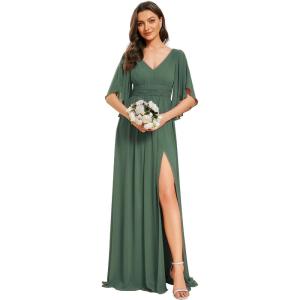 imageEverPretty Womens Classic V Neck Chiffon Half Sleeves Slit A Line Floor Length Bridesmaid Dress 01886Eucalyptus Green
