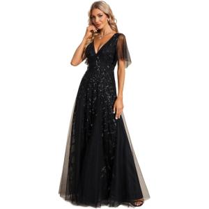 imageEverPretty Womens Sequin Sparkly VNeck Short Sleeve ALine Floor Length Evening Dress 00734Black