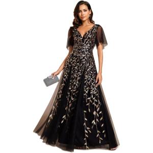 imageEverPretty Womens Sequin Sparkly VNeck Short Sleeve ALine Floor Length Evening Dress 00734Black Gold