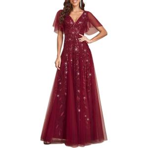 imageEverPretty Womens Sequin Sparkly VNeck Short Sleeve ALine Floor Length Evening Dress 00734Burgundy