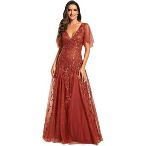 imageEverPretty Womens Sequin Sparkly VNeck Short Sleeve ALine Floor Length Evening Dress 00734Burnt Orange
