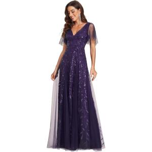 imageEverPretty Womens Sequin Sparkly VNeck Short Sleeve ALine Floor Length Evening Dress 00734Deep Purple