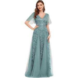 imageEverPretty Womens Sequin Sparkly VNeck Short Sleeve ALine Floor Length Evening Dress 00734Dusty Blue