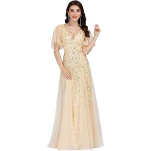 imageEverPretty Womens Sequin Sparkly VNeck Short Sleeve ALine Floor Length Evening Dress 00734Gold
