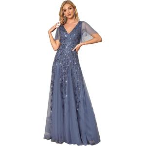 imageEverPretty Womens Sequin Sparkly VNeck Short Sleeve ALine Floor Length Evening Dress 00734Haze Blue