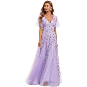 imageEverPretty Womens Sequin Sparkly VNeck Short Sleeve ALine Floor Length Evening Dress 00734Lavender