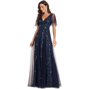 imageEverPretty Womens Sequin Sparkly VNeck Short Sleeve ALine Floor Length Evening Dress 00734Navy Blue
