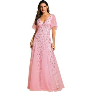 imageEverPretty Womens Sequin Sparkly VNeck Short Sleeve ALine Floor Length Evening Dress 00734Pink