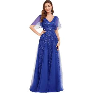 imageEverPretty Womens Sequin Sparkly VNeck Short Sleeve ALine Floor Length Evening Dress 00734Sapphire Blue