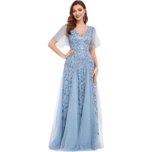 imageEverPretty Womens Sequin Sparkly VNeck Short Sleeve ALine Floor Length Evening Dress 00734Sky Blue